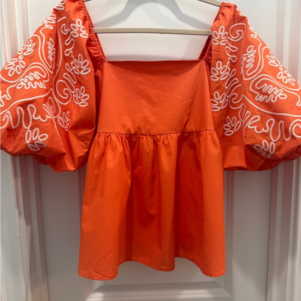THML Vibrant Orange Blouse with White Embroidery NWOT L